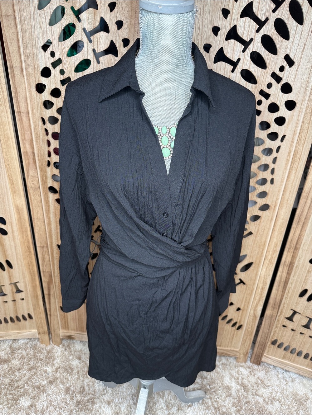 Black Wrap Front Shirt Dress